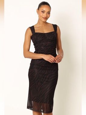 NWT Sz Med Petal & Pup Black and Brown Sleeveless Ruched Midi Dress